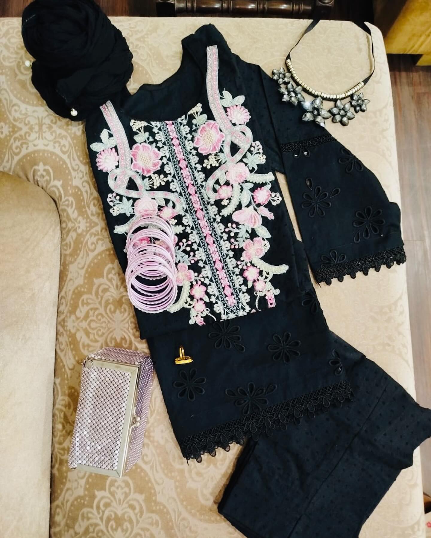 Jet Black Embroidered 3-Piece Suit with Cutwork Sleeves & Trousers