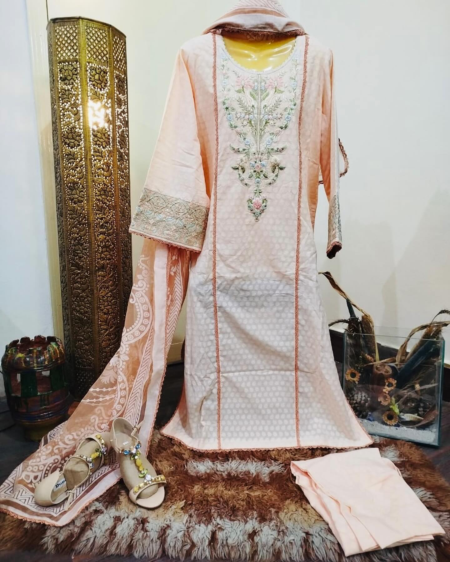 White Chikankari 3-Piece Ready to Wear Dress with Pink Floral Accents