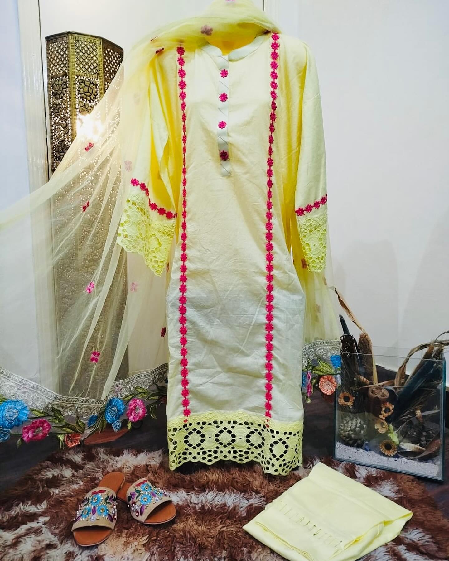 Lemon Yellow Cotton Suit with Hot Pink Lace & Cutwork Details