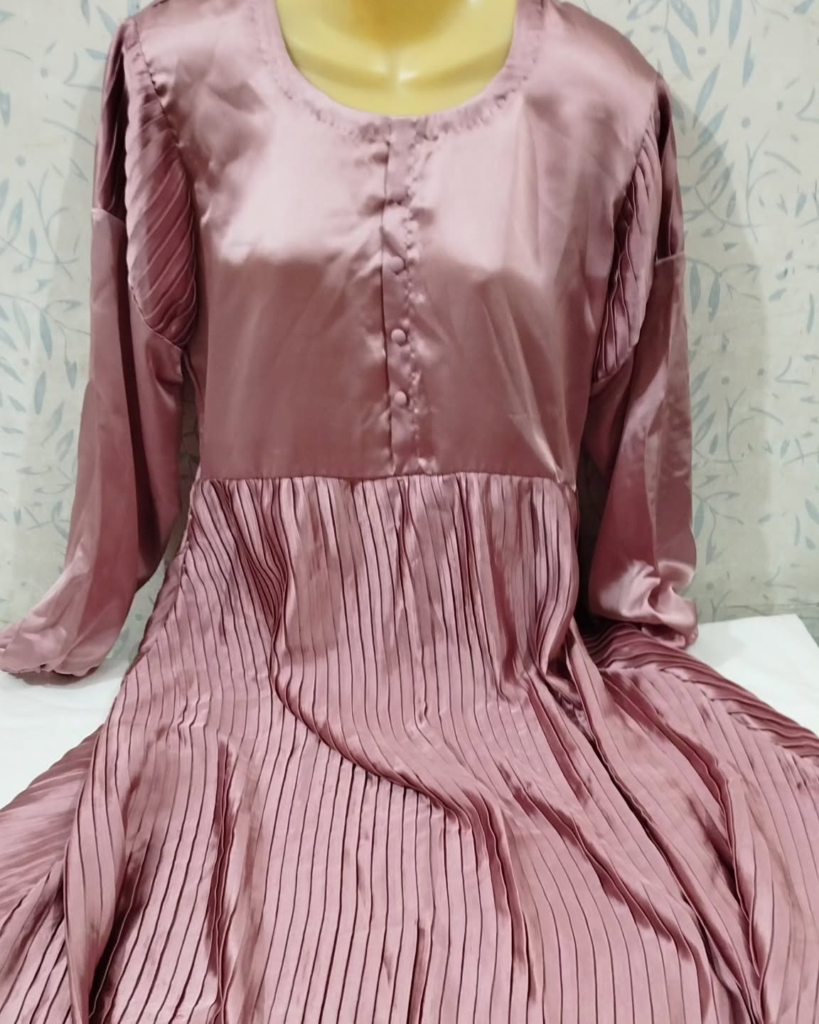 Dusty Pink Pleated Silk Maxi Dress with Button Detail