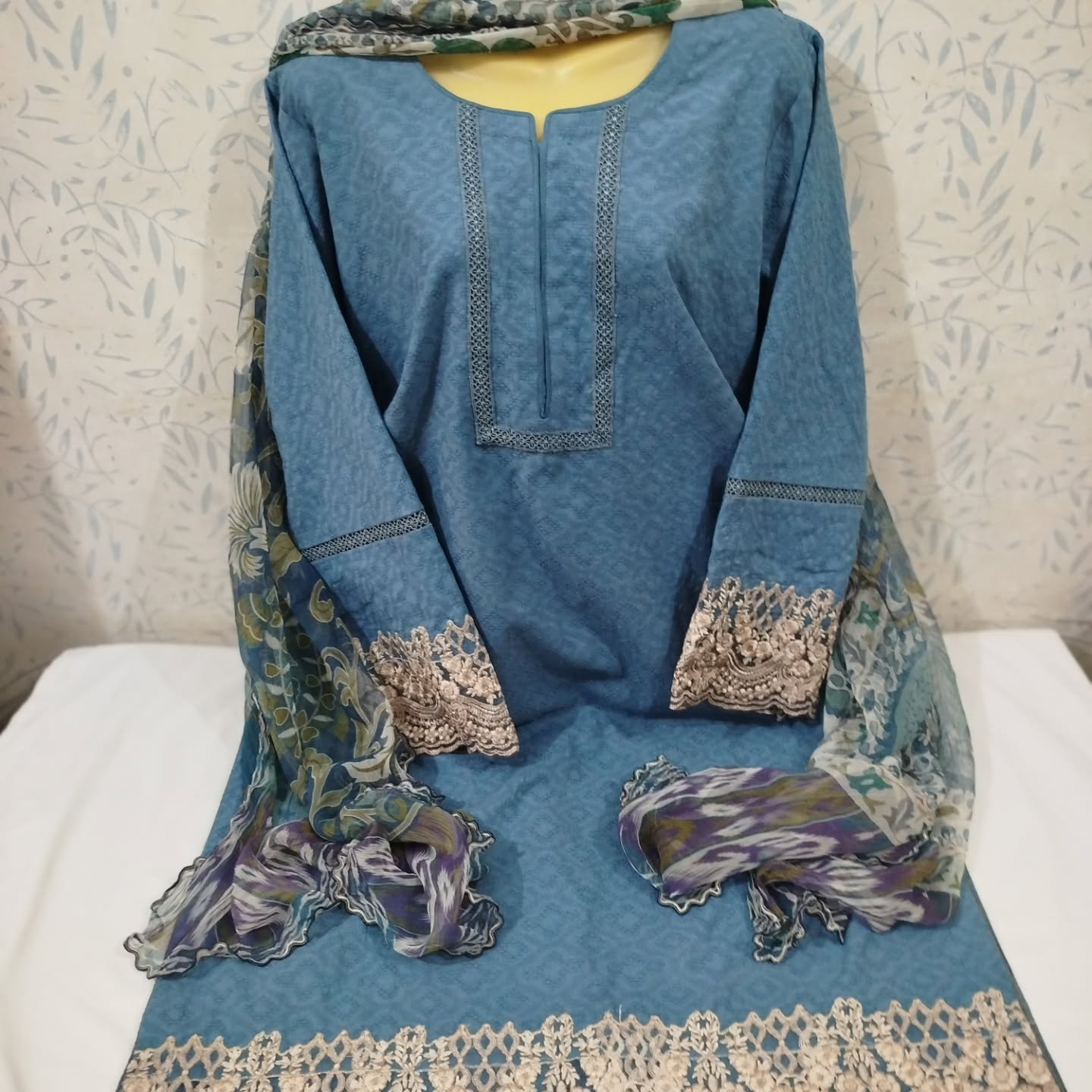 Slate Blue Self-Textured Jacquard Suit with Printed Dupatta & Lace Detailing