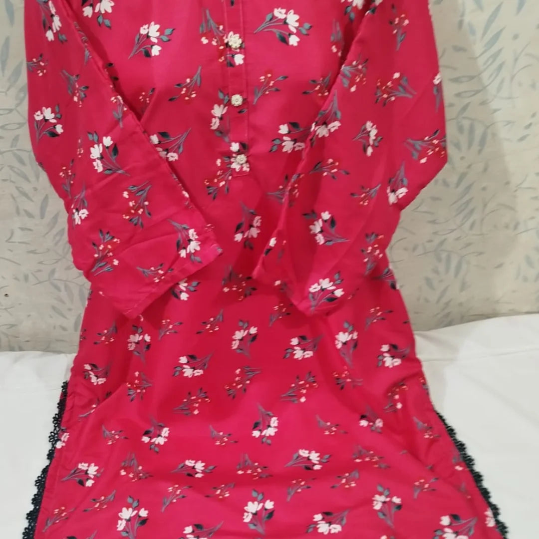 Shocking Pink Floral Printed Lawn Kurti – Pre-Shrunk & Overlocked
