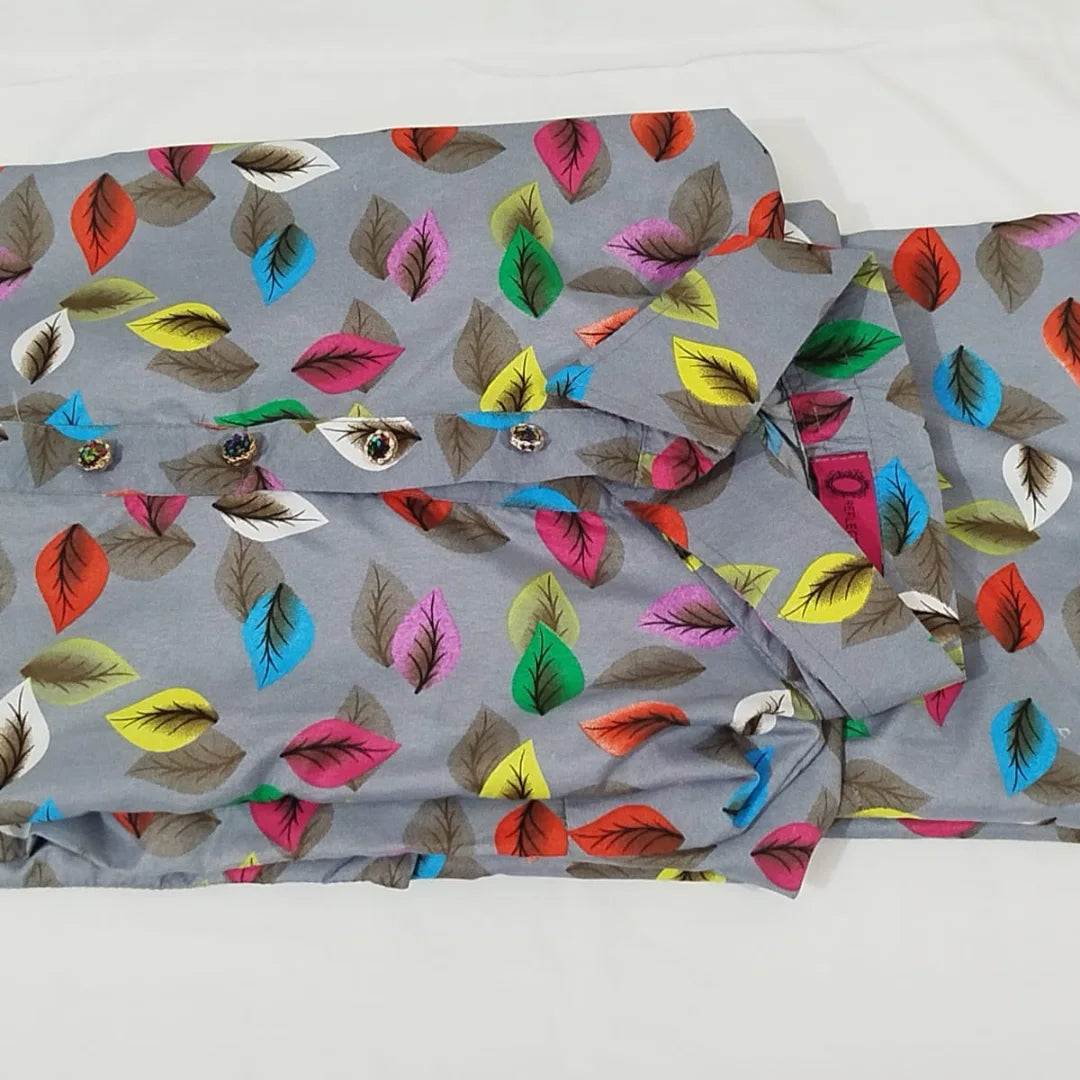Grey Multi-Color Leaf Print Lawn Kurti – Pre-Shrunk & Overlocked