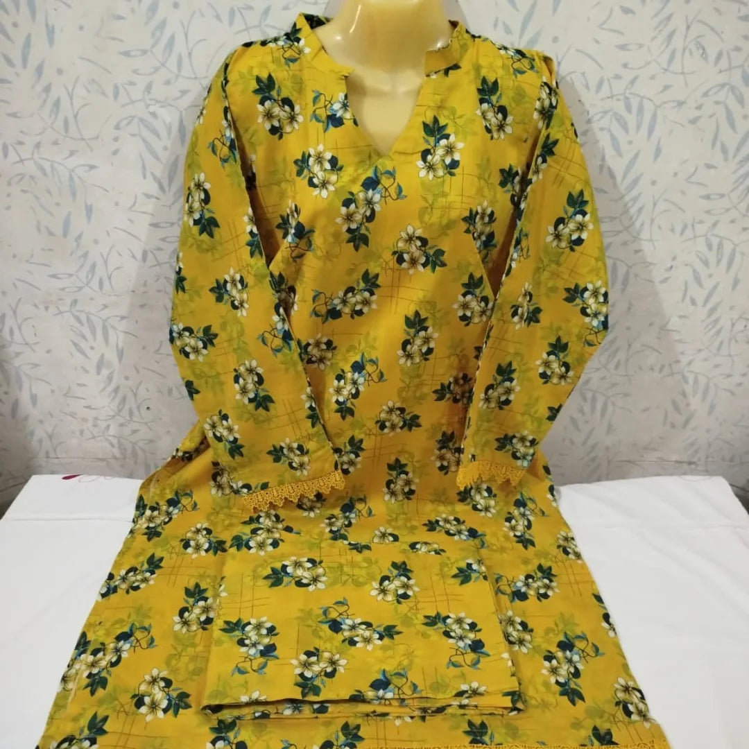 Sunshine Yellow Floral Digital Cotton 2-Piece Suit