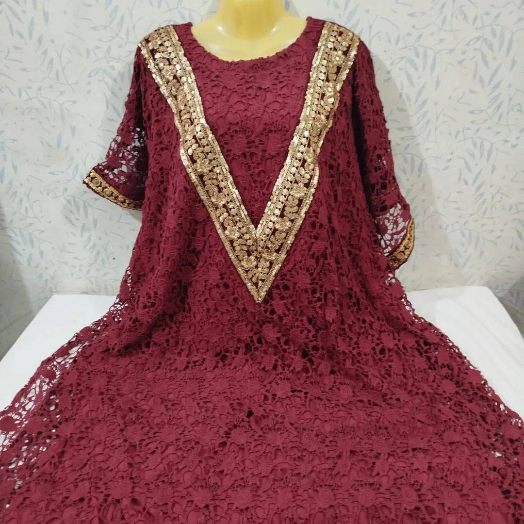 Deep Maroon Net Kaftan with Heavy Gold Lace Embellishment