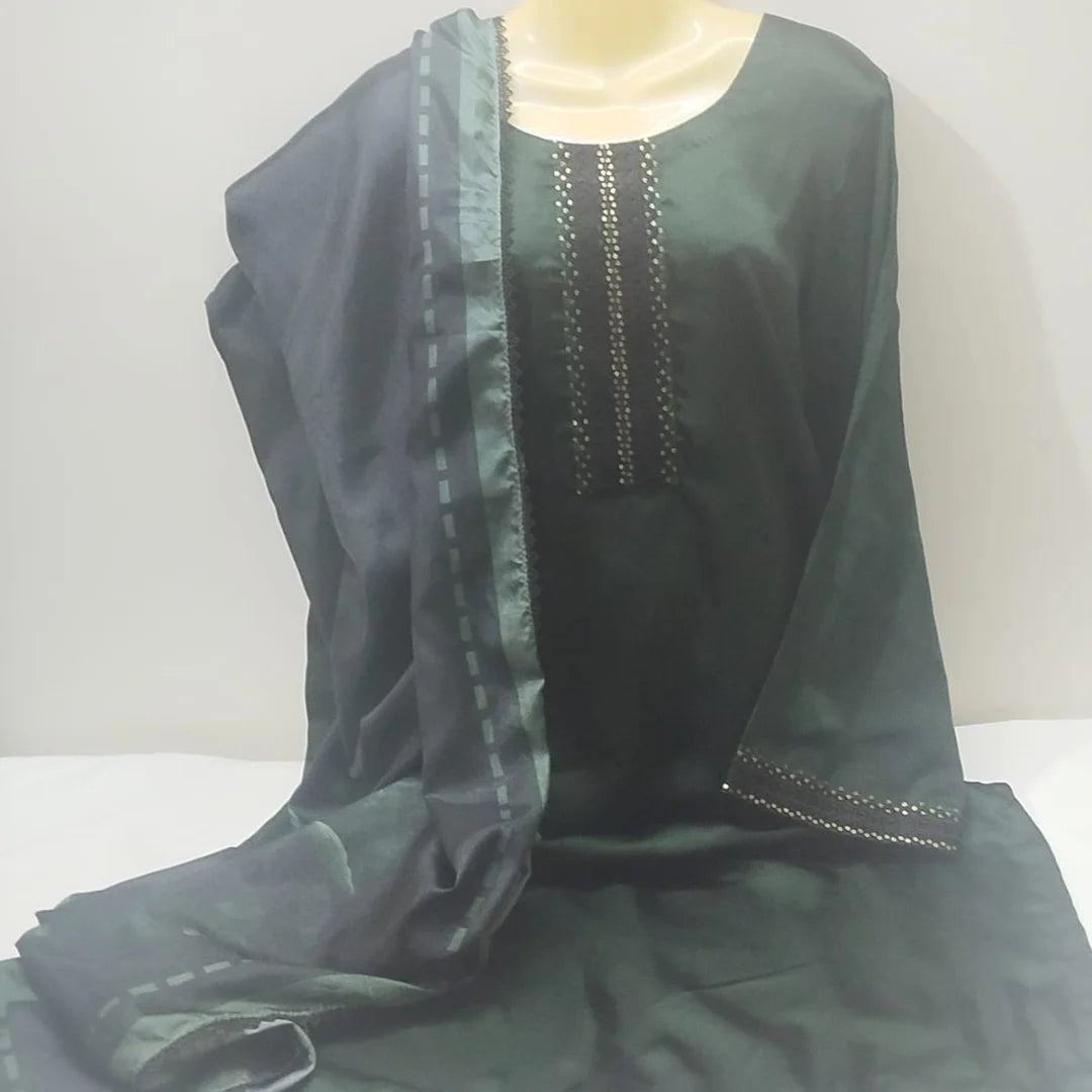 Emerald Green Shamoz Silk Suit with Hand-Painted Silk Dupatta