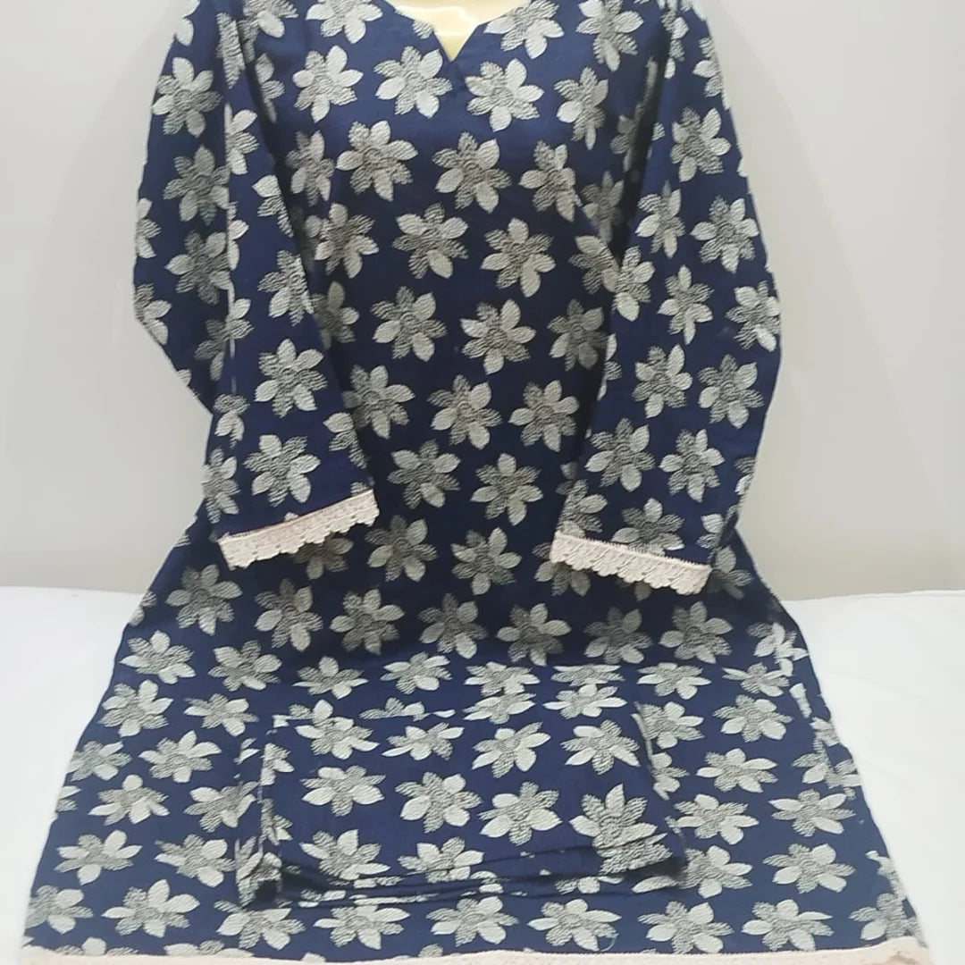 : Classic Navy Blue & White Floral Khaddar 2-Piece Suit