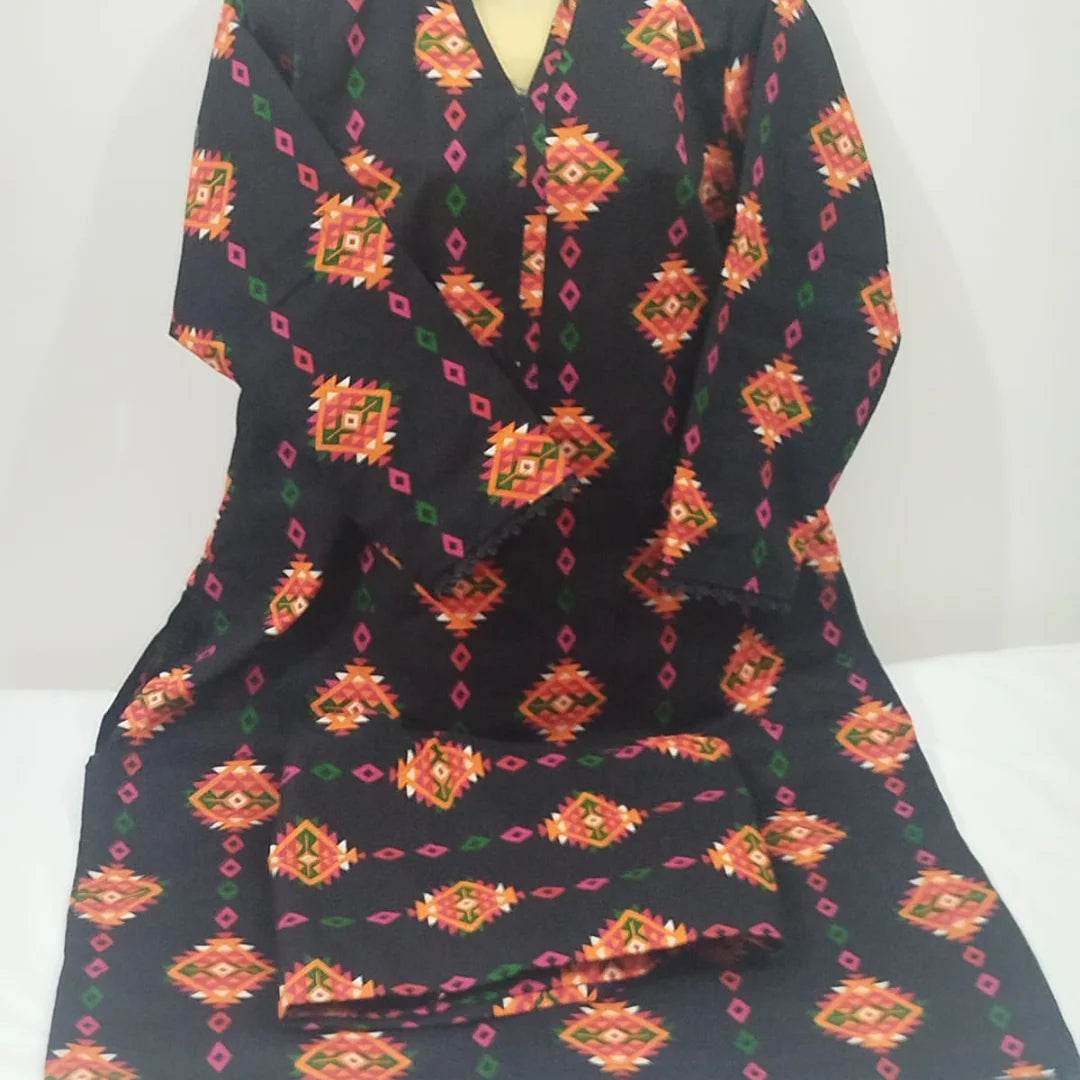 Bold Black & Multi-Color Geometric Khaddar 2-Piece Suit