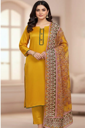Radiant Yellow Shamoz Silk Suit with Paisley Printed Silk Dupatta