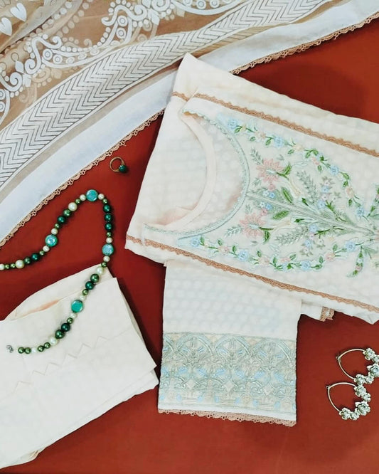 White Chikankari 3-Piece Ready to Wear Dress with Pink Floral Accents