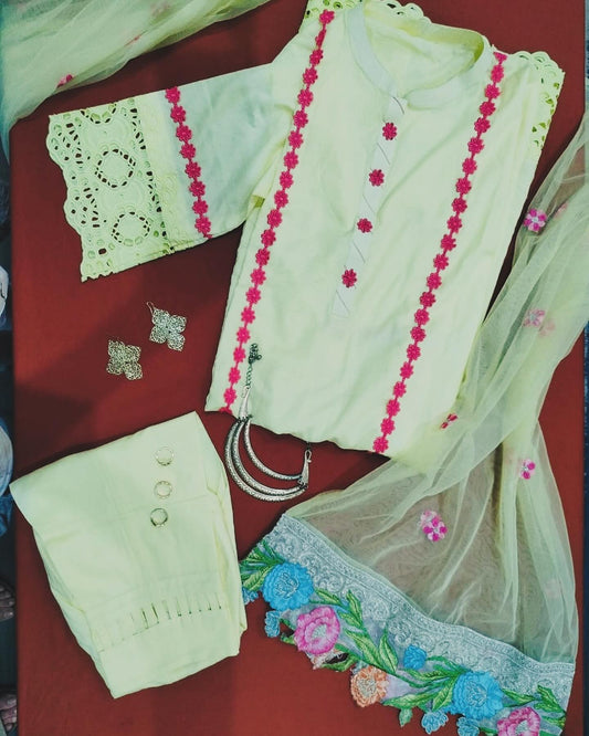 Lemon Yellow Cotton Suit with Hot Pink Lace & Cutwork Details