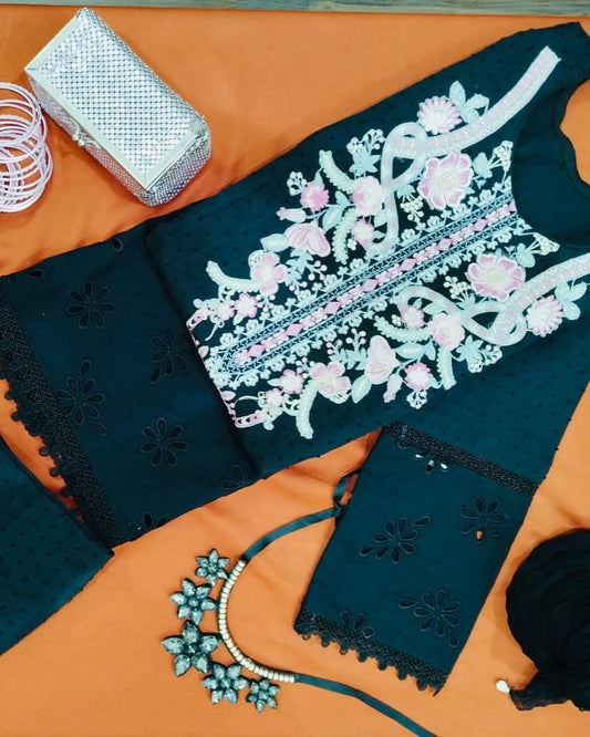 Jet Black Embroidered 3-Piece Suit with Cutwork Sleeves & Trousers
