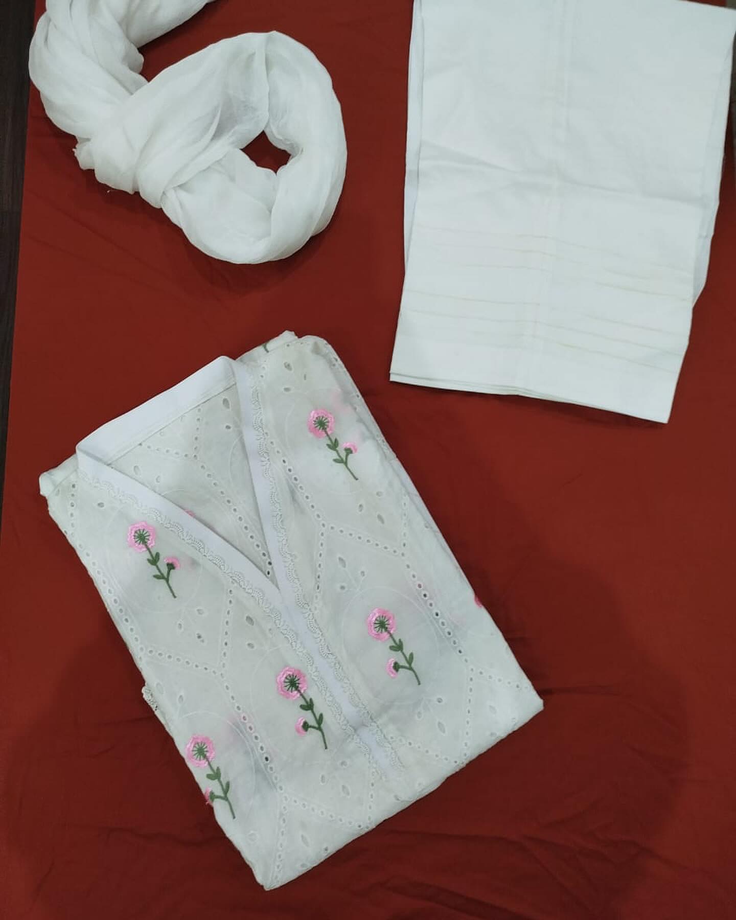 White Schiffli Embroidered Cotton Suit with Pink Floral Accents