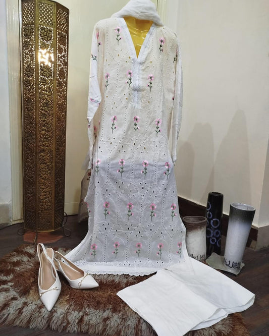 White Schiffli Embroidered Cotton Suit with Pink Floral Accents