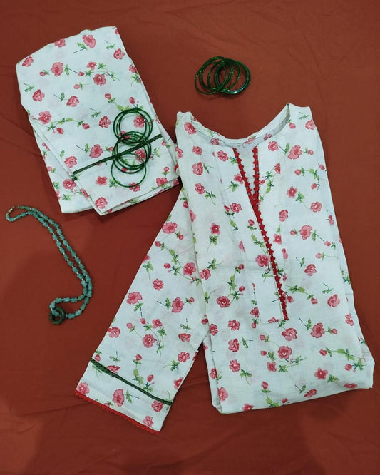 White & Pink Floral Printed 2-Piece Summer Suit