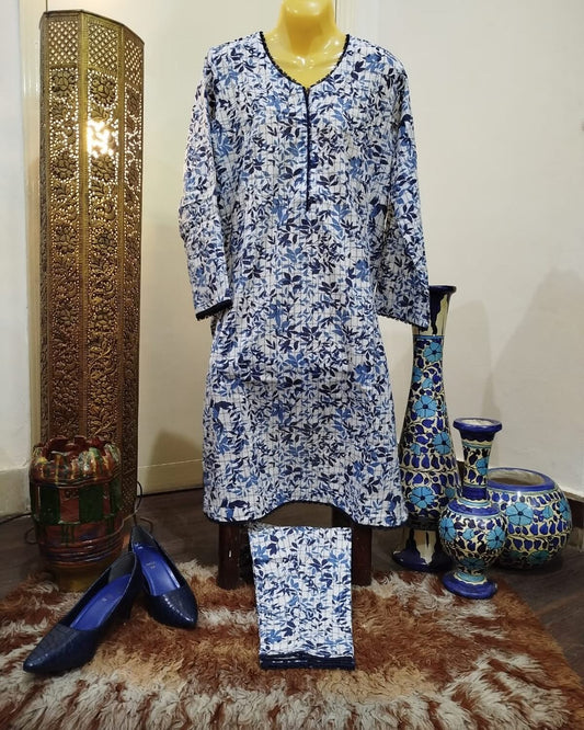 Blue & White Leaf Print 2-Piece Cotton Suit with Piping Detail