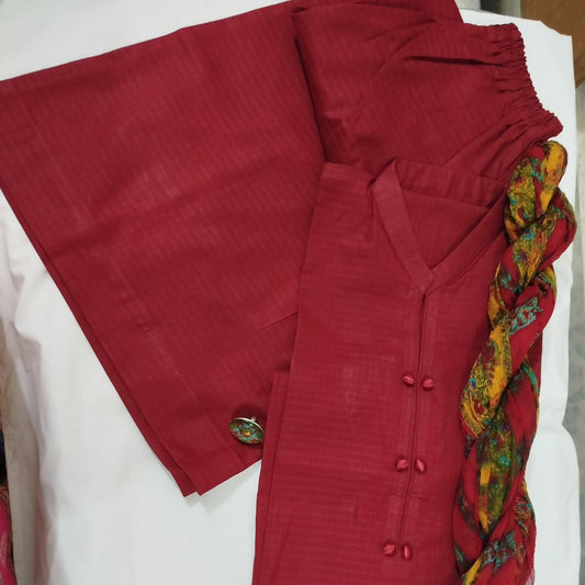Deep Red Self-Textured 3-Piece Suit with Wide-Leg Farshi Shalwar