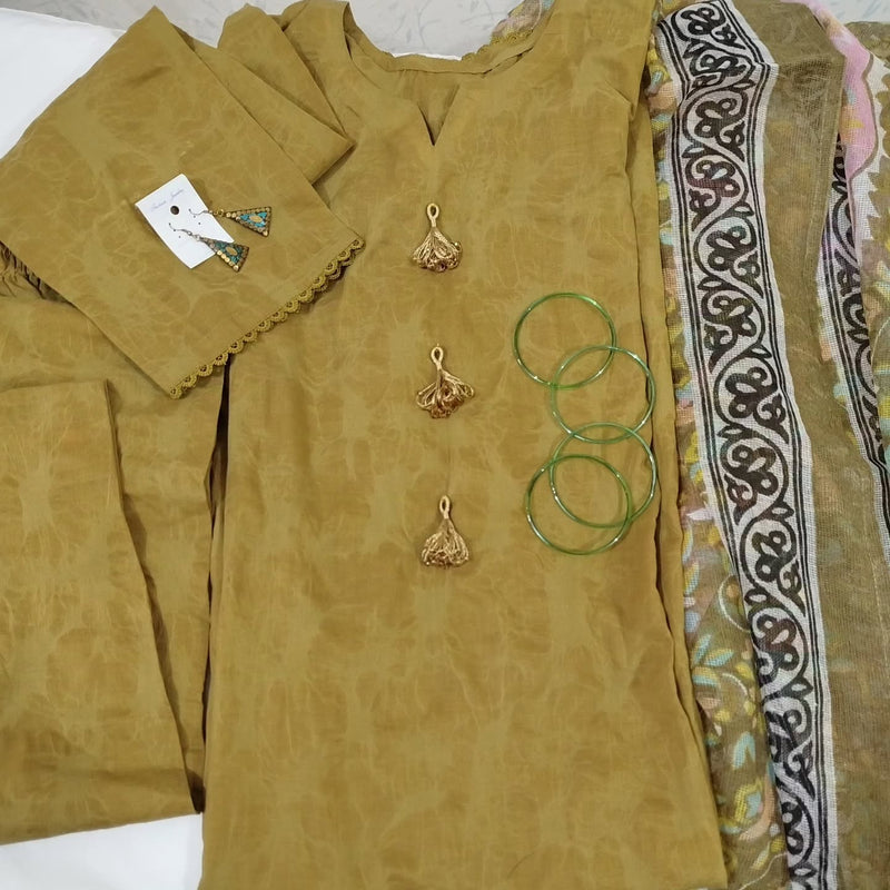 Mustard Textured Marble Effect Suit with Gold Tassel Details