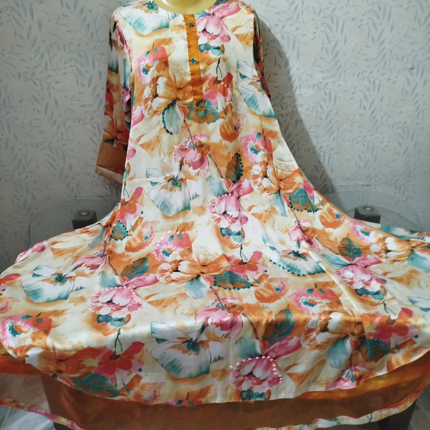 Vibrant Orange & Cream Floral Printed Silk Frock