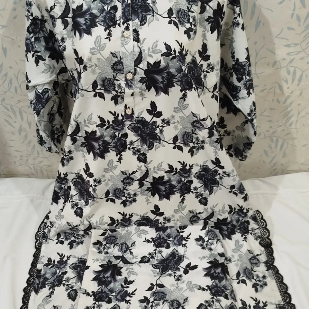 Classic Monochrome Floral Poly Cotton 2-Piece