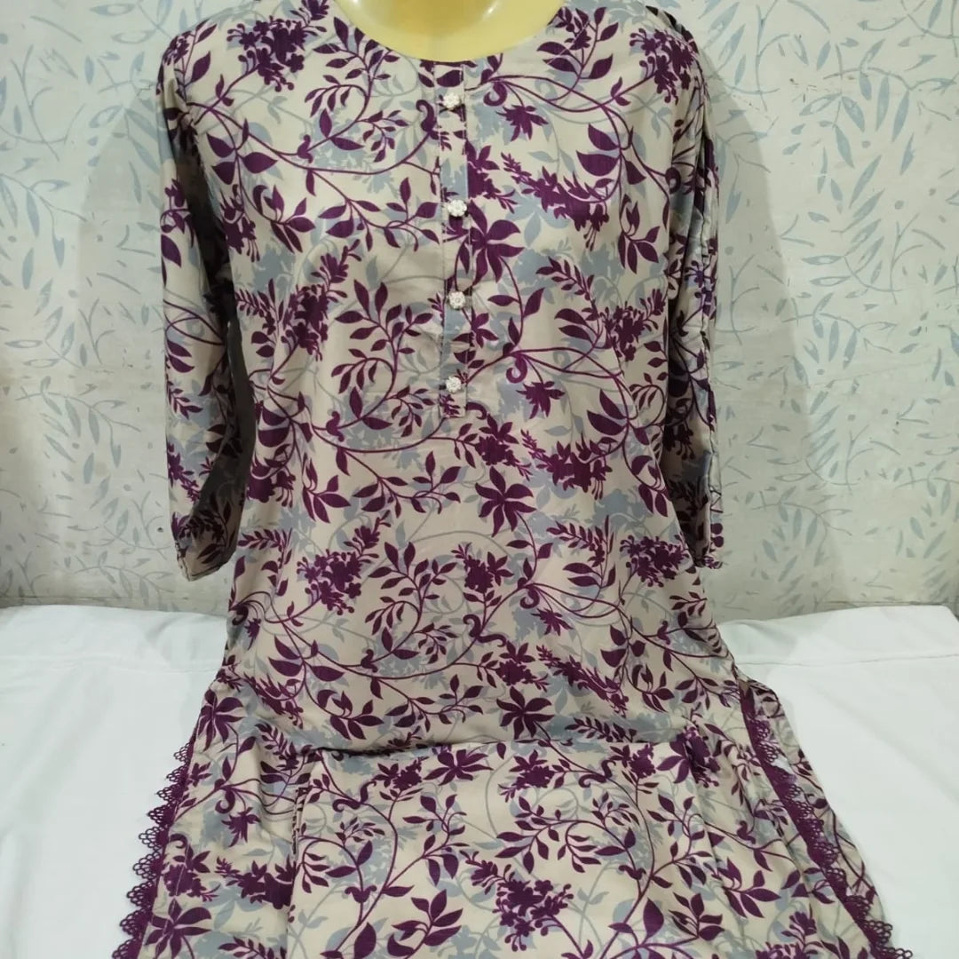 Purple Floral Vine Printed Lawn Kurti – Pre-Shrunk & Overlocked