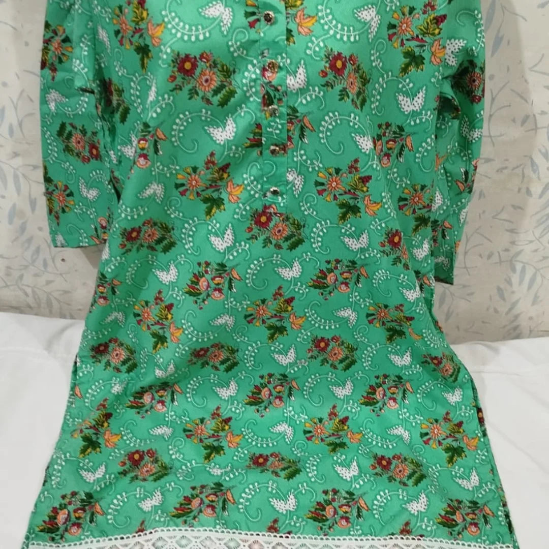 Fresh Green Floral Poly Cotton Kurti