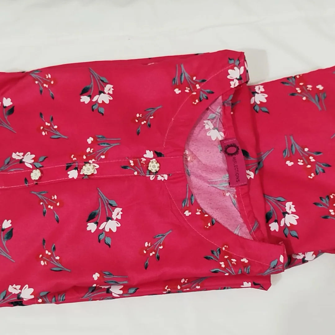 Shocking Pink Floral Printed Lawn Kurti – Pre-Shrunk & Overlocked