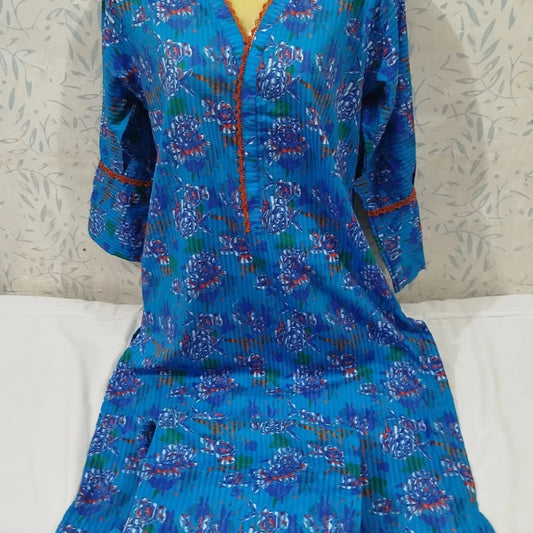 Electric Blue Floral Printed Lawn 2-Piece with Orange Lace