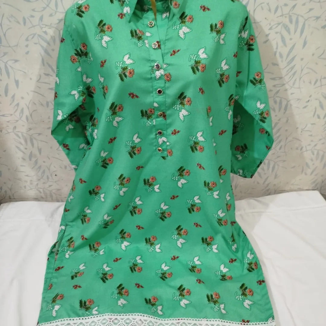 Fresh Green Floral Printed Lawn Kurti – Pre-Shrunk & Overlocked