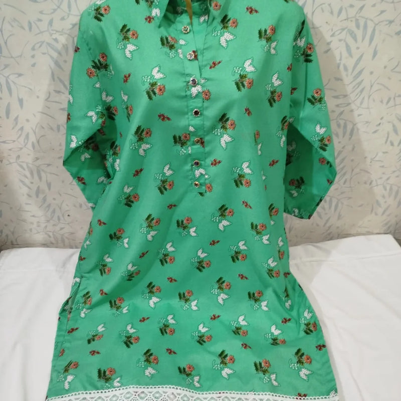 Fresh Green Floral Printed Lawn Kurti – Pre-Shrunk & Overlocked