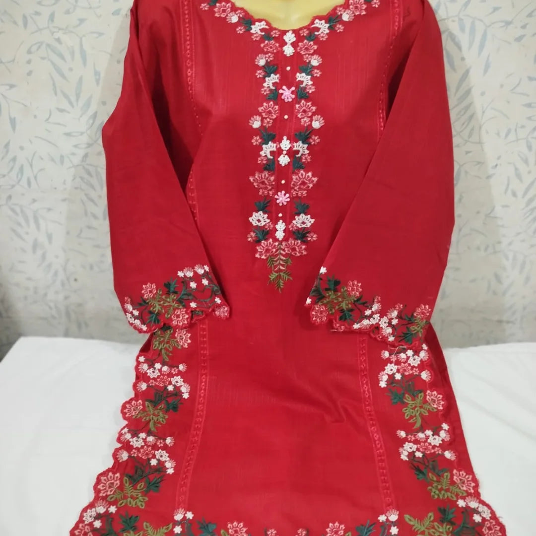 Ruby Red Bana Dora Lawn Kurti with Scalloped Embroidery
