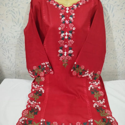 Ruby Red Bana Dora Lawn Kurti with Scalloped Embroidery