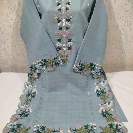 Baby Blue Embroidered Bana Dora Lawn Kurti – Pre-Shrunk & Overlocked