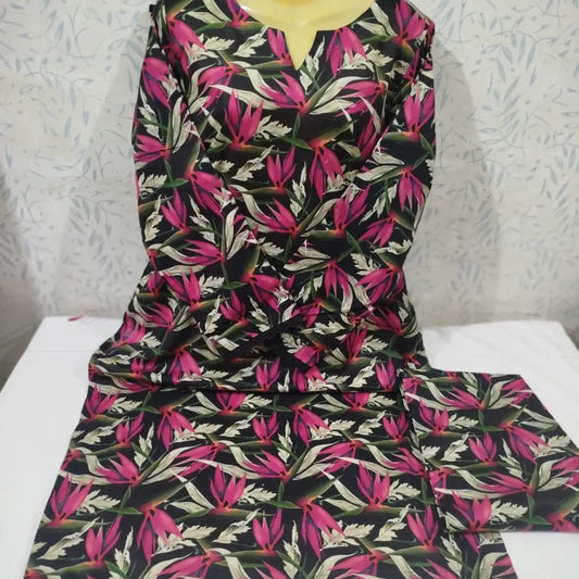 Bold Black & Magenta Floral Digital Cotton 2-Piece Suit