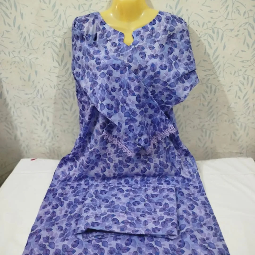 Serene Lilac Leaf Print Digital Cotton 2-Piece Suit