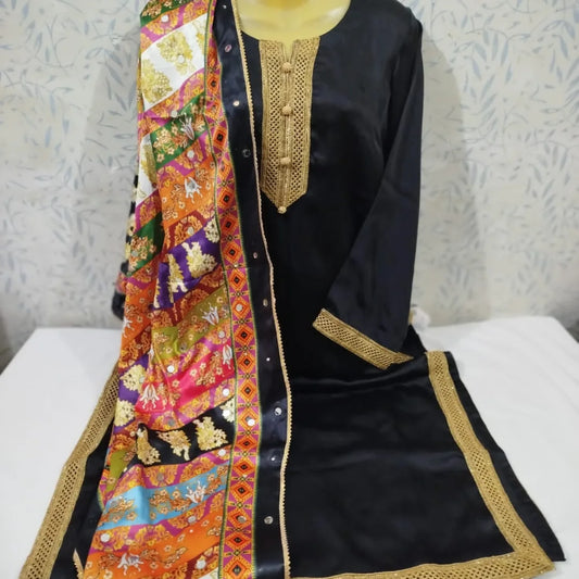 Classic Black Shamoz Silk Suit with Vibrant Multi-Colored Silk Dupatta