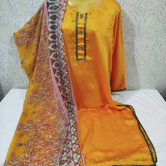 Radiant Yellow Shamoz Silk Suit with Paisley Printed Silk Dupatta
