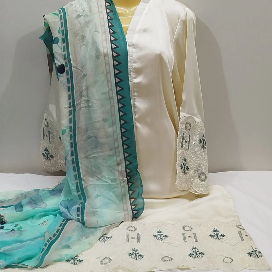 Luxurious Cream Shamoz Silk Suit with Cutwork Embroidery & Chiffon Dupatta