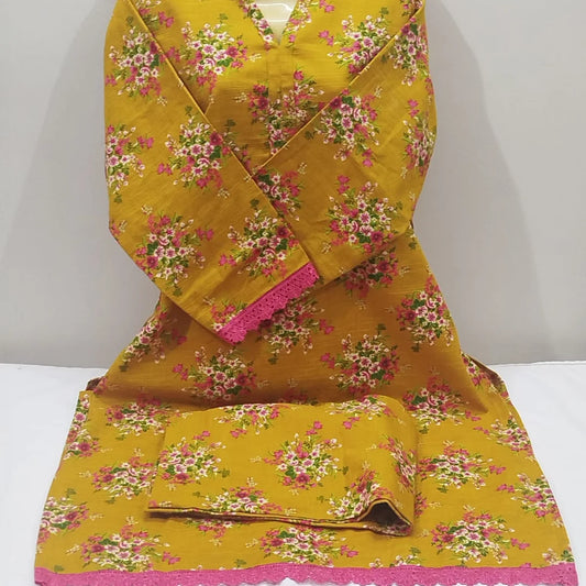 Vibrant Mustard Floral Khaddar 2-Piece Suit