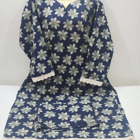 : Classic Navy Blue & White Floral Khaddar 2-Piece Suit