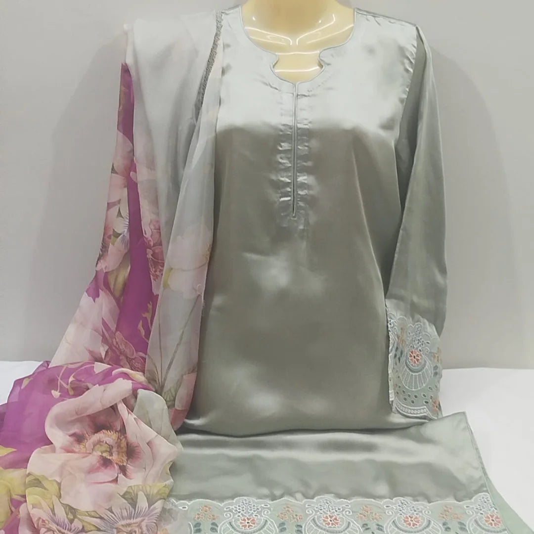Silver Grey Shamoz Silk Suit with Pink Floral Printed Silk Dupatta