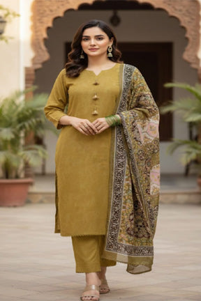 Mustard Textured Marble Effect Suit with Gold Tassel Details