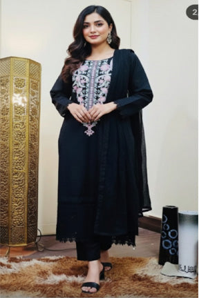 Jet Black Embroidered 3-Piece Suit with Cutwork Sleeves & Trousers