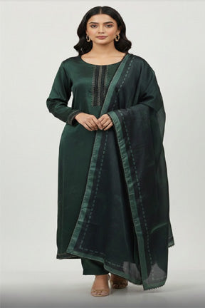 Emerald Green Shamoz Silk Suit with Painted Silk Dupatta