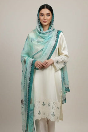 Luxurious Cream Shamoz Silk Suit with Cutwork Embroidery & Chiffon Dupatta