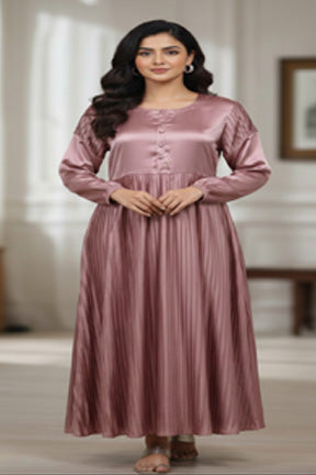 Dusty Pink Pleated Silk Maxi Dress with Button Detail