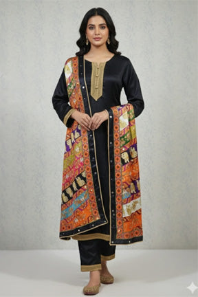 Classic Black Shamoz Silk Suit with Vibrant Multi-Colored Silk Dupatta