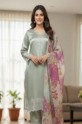 Silver Grey Shamoz Silk Suit with Pink Floral Printed Silk Dupatta