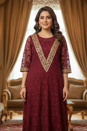 Deep Maroon Net Kaftan with Heavy Gold Lace Embellishment