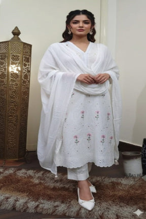 White Schiffli Embroidered Cotton Suit with Pink Floral Accents